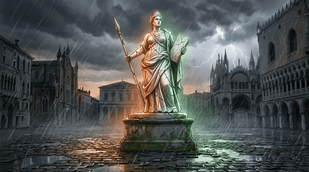 Cracked statue holding spear and tablet in rainy historic square with lightning